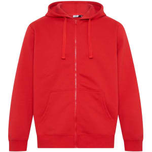 A red full-zip hoodie featuring a hood and front pockets, with a logo on the upper section.