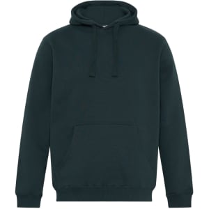 A dark green hoodie featuring a drawstring hood and a front pocket, with a logo on the front.