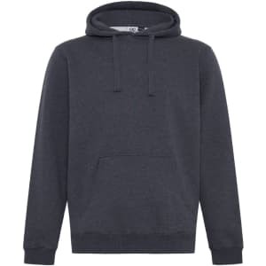 A dark grey hoodie with a front pocket and a drawstring hood. The product features a logo on the tag.