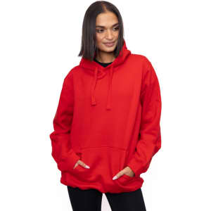 A red hoodie with a front pocket, featuring a hood and a relaxed fit. It has a logo on the front.