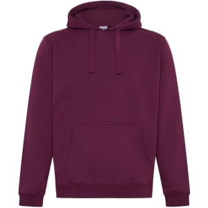 A maroon hoodie featuring a kangaroo pocket and a drawstring hood, with a logo on the front.
