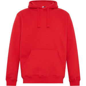 A red hoodie with a front pocket and drawstrings. It features a logo on the front.