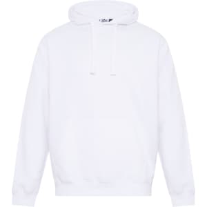 A white hoodie featuring a front pocket and adjustable drawstrings, with a logo on the label.