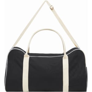 A black and cream two-tone canvas duffle bag with a shoulder strap and dual handles, featuring a logo.