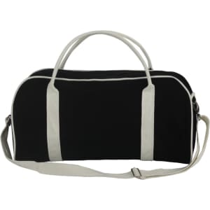 A black duffle bag with white accents and handles, featuring a detachable shoulder strap.