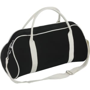 A black and cream two-tone canvas duffle bag with handles and a shoulder strap, featuring a logo.