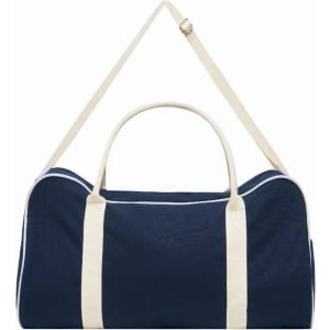 A navy blue canvas duffle bag with cream-coloured handles and strap, featuring a logo.