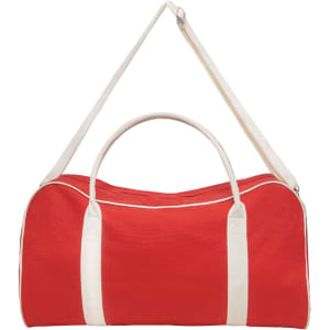 A red duffle bag with a white handle and shoulder strap, featuring branding.