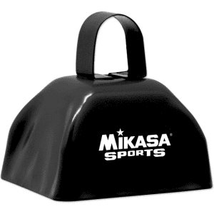 A black classic cowbell with a handle, featuring a logo on one side.