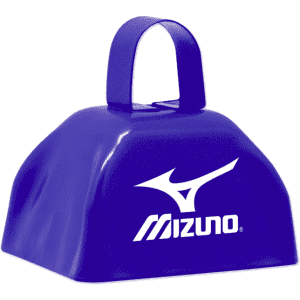 A blue cow bell with a handle, featuring a logo on one side. Suitable for various events and promotions.