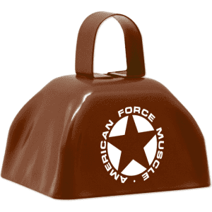 A brown classic cowbell with a handle and a logo featuring a star design.