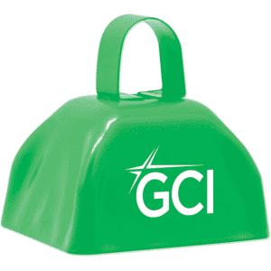 A green classic cow bell with a handle and a logo on one side, suitable for events and exhibitions.
