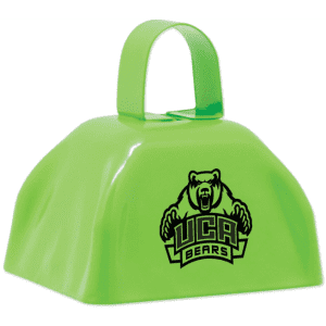 A bright green cowbell featuring a bear logo and a sturdy handle for easy ringing at events.