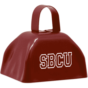 A classic cow bell in maroon with a handle, featuring a logo on one side.