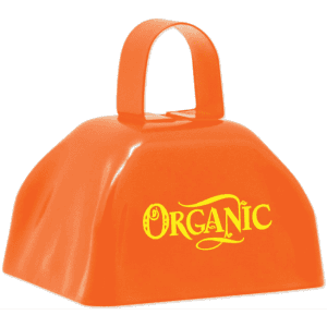 An orange classic cowbell with a handle, featuring a logo on the front.