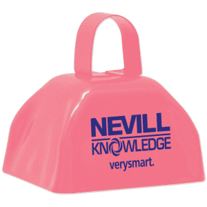 A pink classic cow bell with a handle and a logo printed on the front.