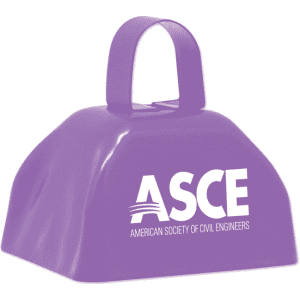 A purple cowbell featuring a handle and a logo. Suitable for events and exhibitions.