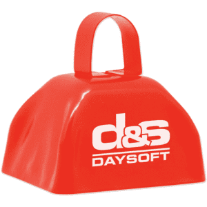 A classic red cowbell with a handle, featuring a logo on the front. Ideal for various events.