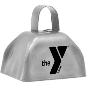 A metallic cow bell with a handle and a black logo. The bell has a smooth, shiny surface.