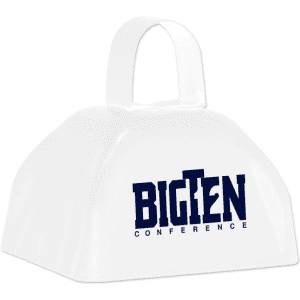 A white classic cowbell featuring a dark blue logo on the front.