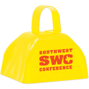 A yellow cowbell with a handle, featuring a logo. Ideal for events and exhibitions.