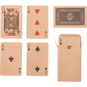 Recycled paper playing cards in earthy tones, featuring various card designs and a matching tuck box.
