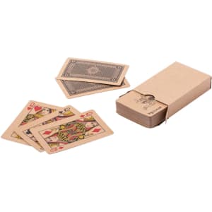 A set of recycled paper playing cards in a natural cardboard box, featuring illustrated designs on each card.
