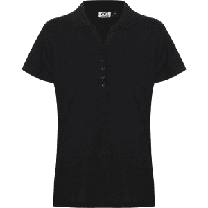 A black women's polo shirt with a collared neckline and short sleeves, featuring a button placket and a logo.