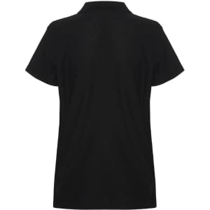 A women's black polo shirt with short sleeves and a classic collar, featuring a logo.