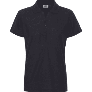 A women's polo shirt in dark navy with a buttoned front and a logo on the chest.