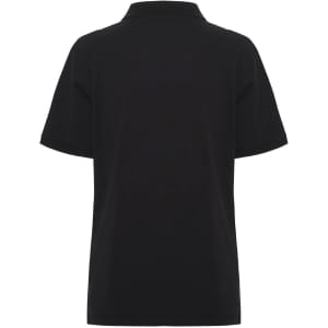 A black men's polo shirt featuring a collar and short sleeves, with a branding logo on the back.