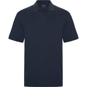 A navy blue men's polo shirt with a collar and short sleeves, featuring a logo.