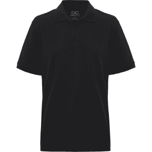 A black men's polo shirt featuring a collar and button placket, with a logo on the chest area.