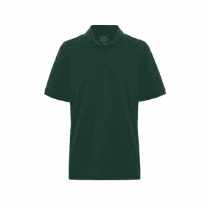 A dark green men's polo shirt with a collar and short sleeves, featuring a logo on the chest.
