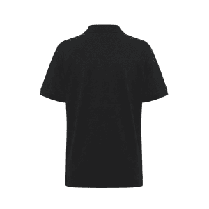 A black polo shirt with short sleeves and a collar, featuring a branding logo.