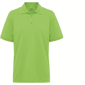 A bright lime green men's polo shirt featuring a collar and three-button placket, with a logo on the collar.
