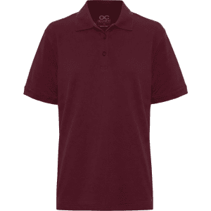A maroon polo shirt with a collar, featuring short sleeves and a front placket. It has a logo on the neck.