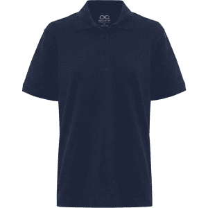 A navy blue men's polo shirt with a collared neck and button placket, featuring a logo on the chest.