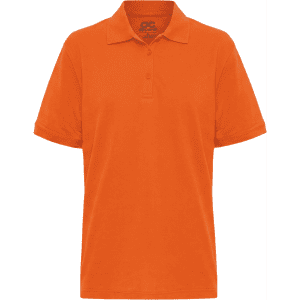 An orange polo shirt featuring a classic collar and a logo on the chest. Suitable for various occasions.