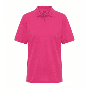 A pink polo shirt with a collared neckline and short sleeves, featuring a logo on the chest.