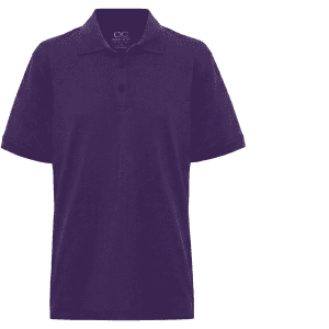 A purple polo shirt with a collar, featuring buttons and a logo on the label.