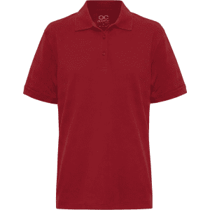 A red men's polo shirt with a collar and three-button placket, featuring a logo on the inside.