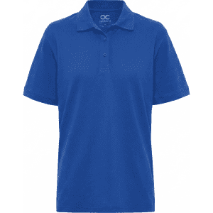 A blue men's polo shirt with a collar and three buttons, featuring a logo on the chest.