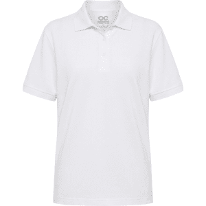 A white polo shirt with a collar and short sleeves, featuring a logo on the chest.