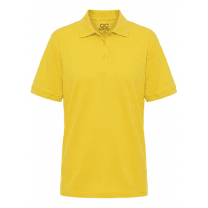 A yellow men's polo shirt with a collar, short sleeves, and a logo on the inside label.