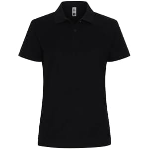 A black women's polo shirt with a collar and a logo on the chest area.