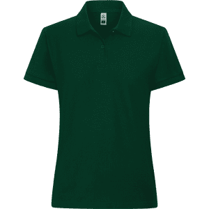 A dark green women's polo shirt with a collar and short sleeves, featuring a logo.