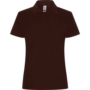 A women's polo shirt in a dark brown colour with a collar and three buttons. Displays a logo on the label.