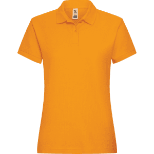 An orange women's polo shirt with a classic collar and short sleeves, featuring a label.