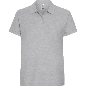 A grey women's polo shirt with a collar and short sleeves, featuring a branded logo.